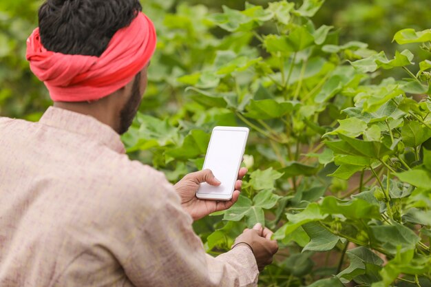 Agricultor indiano usando smartphone no campo de agricultura.