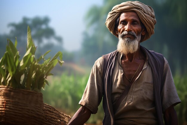 Un agricultor indio en un campo agrícola