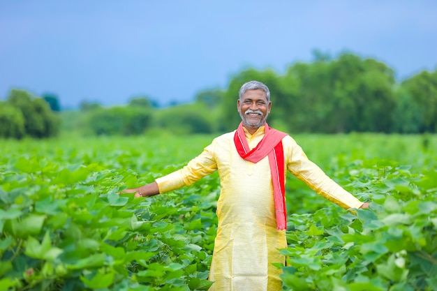 Agricultor indio en campo de algodón