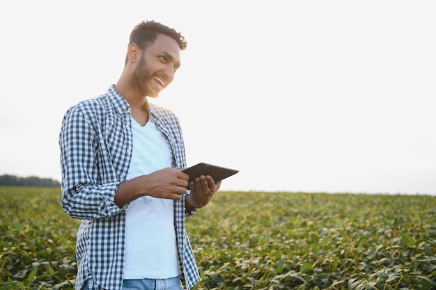 Foto un agricultor indio en un campo de soja.