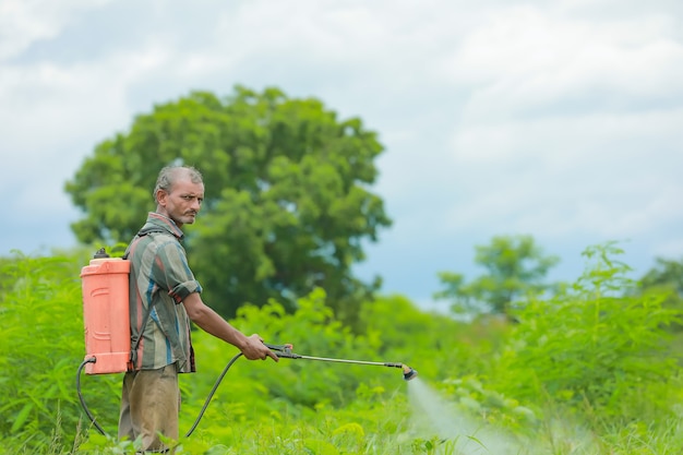 Agricultor indio y mano de obra rociando pesticidas en el campo