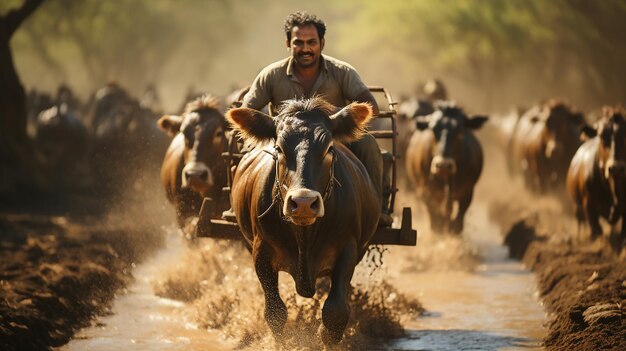 Foto agricultor indio montando un carro de bueyes al pueblo rural de salunkwadi ambajogai beed maharashtra india