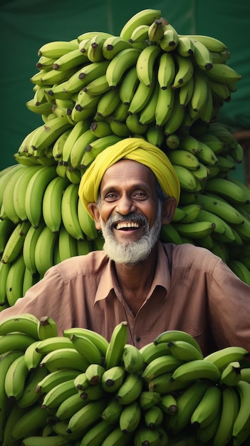 Agricultor indio o trabajador sentado con un racimo de plátanos