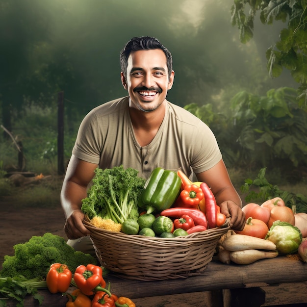 Agricultor indio sentado con una canasta llena de verduras en el campo agrícola
