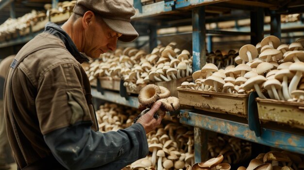 Un agricultor inspeccionando filas de lechos de hongos en una instalación de cultivo comercial que supervisa el crecimiento y la cosecha de hongos de primera calidad