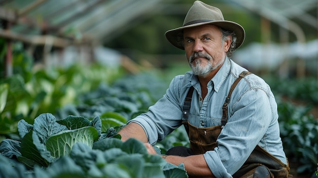 Foto agricultor inspeccionando fileiras de repolho