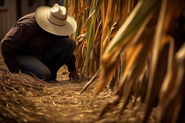 Foto agricultor inspeciona os caules de milho em busca de sinais de danos causados por pragas