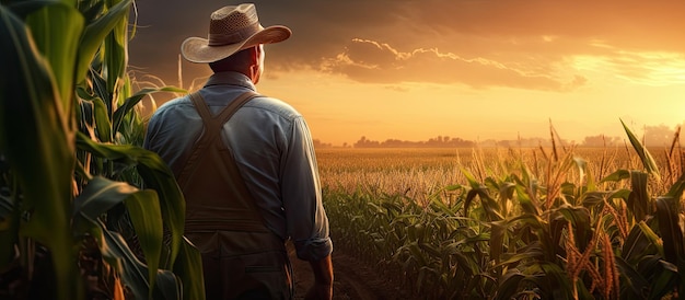 Foto agricultor inspecionando campo de milho ao pôr do sol com área vazia