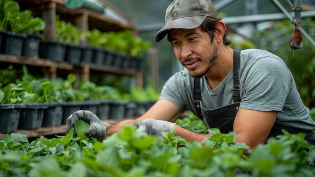 Foto agricultor inspecionando fileiras de batatas doces