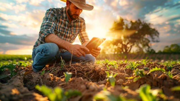 Agricultor inteligente com tecnologia digital em terras de cultivo