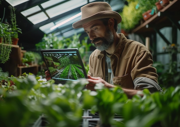 El agricultor inteligente controla los campos con la aplicación de hologramas en el portátil