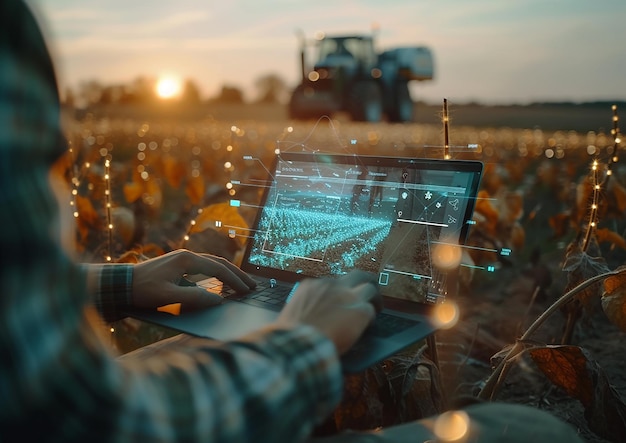 Agricultor inteligente controla campos com aplicativo de holograma em laptop