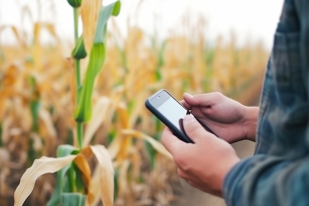 Agricultor irreconhecível usando telefone enquanto trabalhava em campos de milho