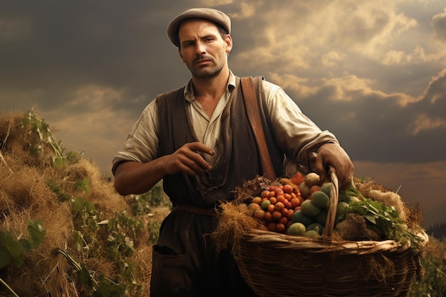 Un agricultor local de la región del Cáucaso lleva una canasta llena de cosechas cosechadas