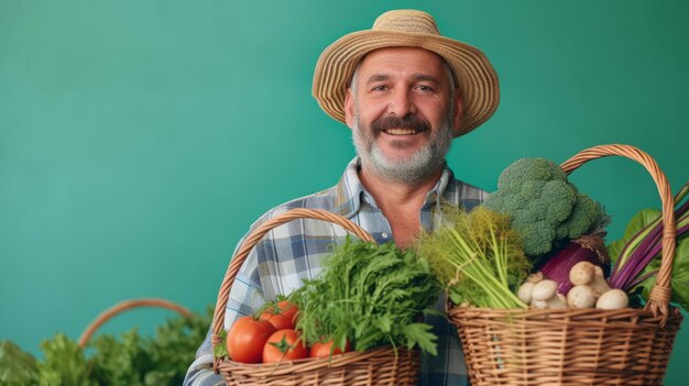 Agricultor maduro com cestas de vime cheias de diferentes legumes e folhas verdes