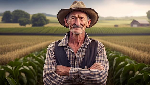 Agricultor maduro confiante de IA generativa no campo agrícola