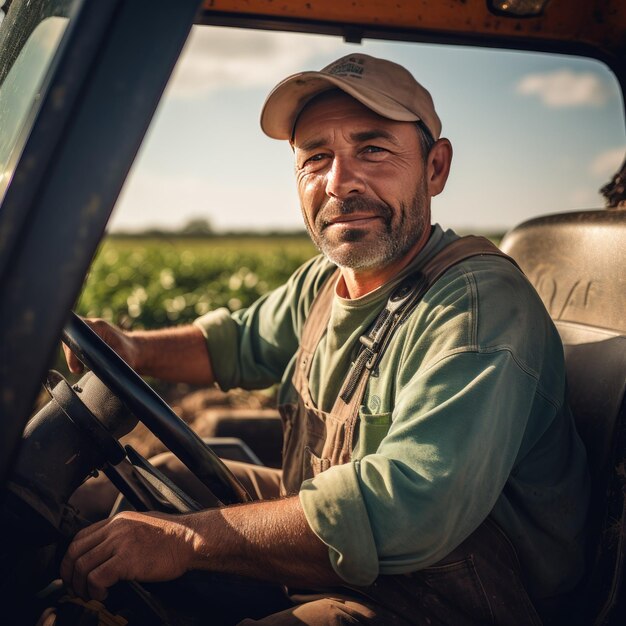 Foto agricultor maduro dirigindo um trator em um campo