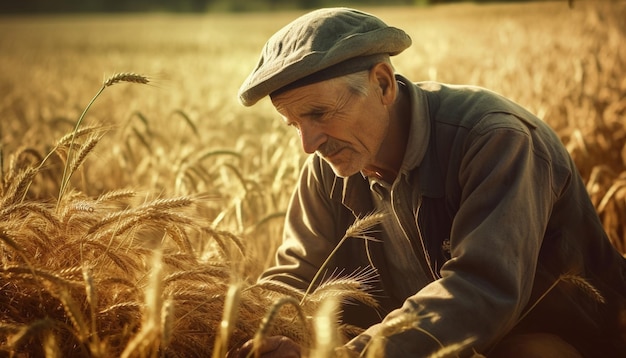 Agricultor maduro sosteniendo trigo maduro sonriendo felizmente generado por IA