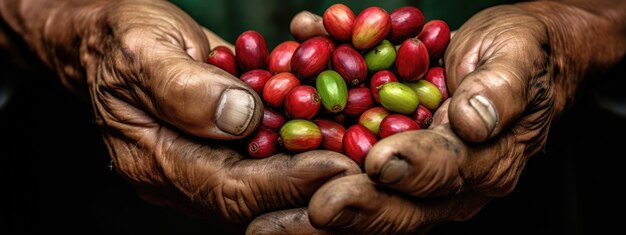 Agricultor manual recogiendo granos de café de bayas rojas Creado con tecnología de IA generativa