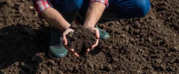 Agricultor masculino en el campo revisa el suelo Enfoque selectivo