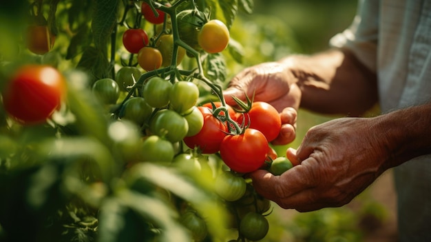 Agricultor masculino colhe tomates à mão