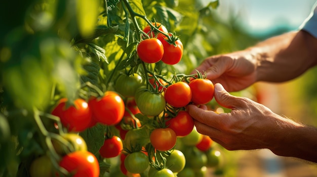 Agricultor masculino colhe tomates à mão