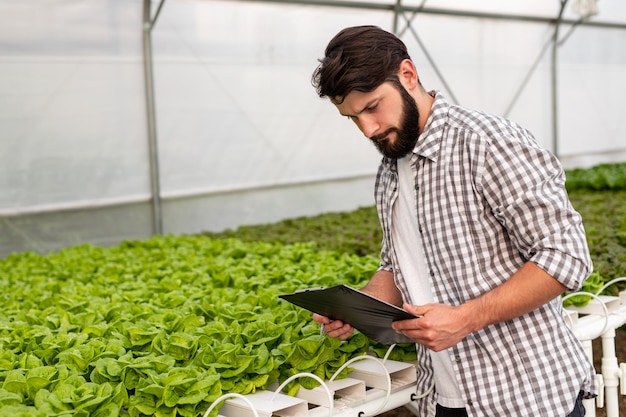 Agricultor masculino com prancheta em estufa