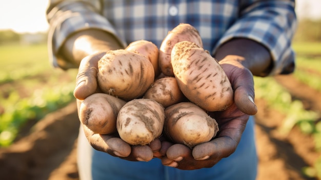 Agricultor masculino com uma colheita de batata nas mãos