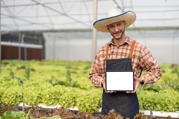 Agricultor masculino em avental segurando tablet digital com pé de tela vazia em estufa hidropônica