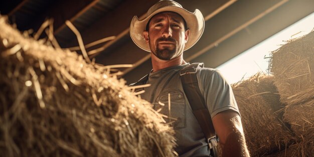 Foto agricultor masculino en un granero con pajares de heno ia generativa