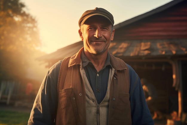 Foto agricultor masculino no fundo da fazenda sob os raios do sol cultivo de produtos ecológicos generativos ai