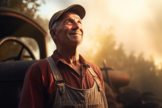 agricultor masculino no fundo da fazenda sob os raios do sol cultivo de produtos ecológicos generativos ai