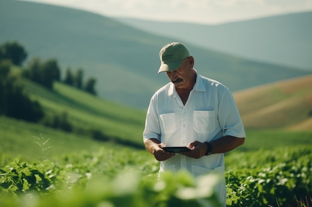 agricultor masculino que utiliza una tableta informática para supervisar el crecimiento de la plantación al aire libre en un campo verde al atardecer