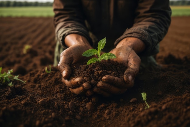 Foto agricultor masculino segurando o solo nas mãos com sementes de plantas para plantar agricultura e colheita