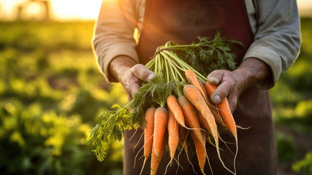 Agricultor masculino segurando uma colheita de cenoura em suas mãos