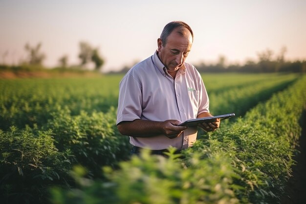 Agricultor masculino usando tablet de computador para monitorar o crescimento da plantação ao ar livre em campo verde ao pôr do sol