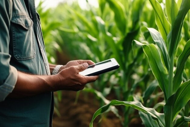 agricultor masculino usando tablet para monitorar o crescimento de sua colheita de milho ao ar livre em campo verde ao pôr do sol