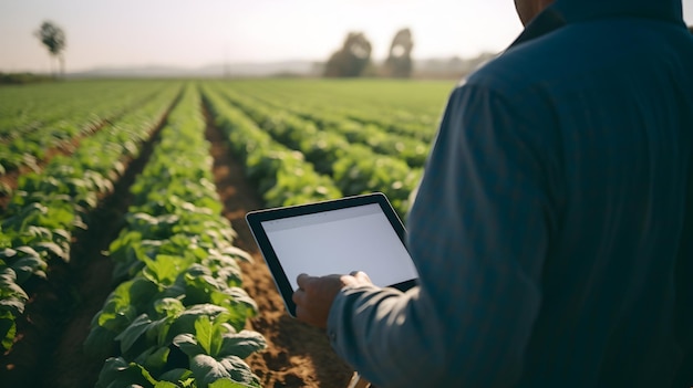Un agricultor monitoreando las cosechas a través de una tableta