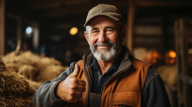 Agricultor mostrando o polegar na Fazenda