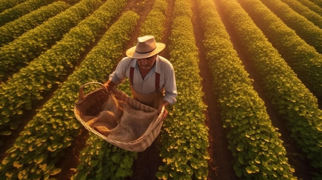 un agricultor mostrando con orgullo una canasta de frijoles recién cosechados en un campo agrícola AIGenerated