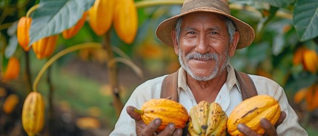 Agricultor na planta de cacau e chocolate segurando uma fruta de cacau ou uma cesta de cacau sorrindo e olhando para a câmera