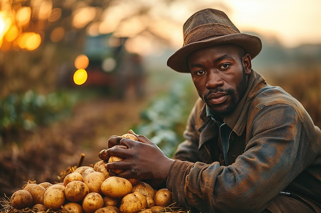 Agricultor negro com batatas colhidas