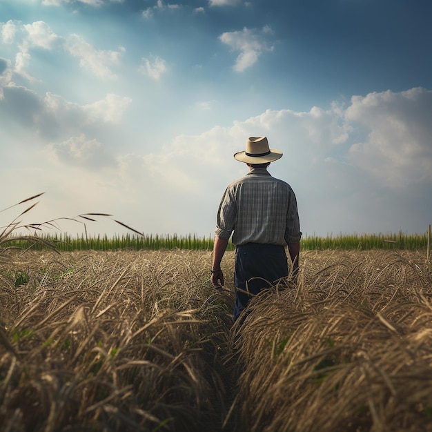 Agricultor no campo de trigo