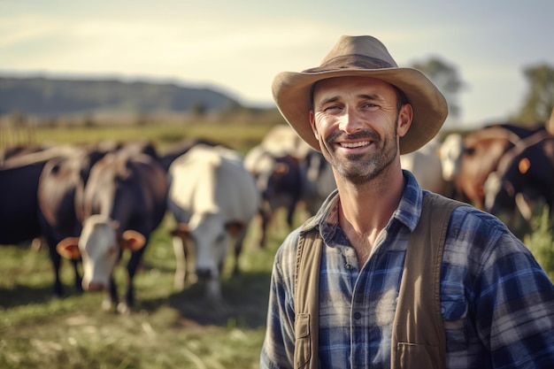 Foto agricultor no fundo das vacas o conceito de uma fazenda de gado leiteiro eco leite generativo ai