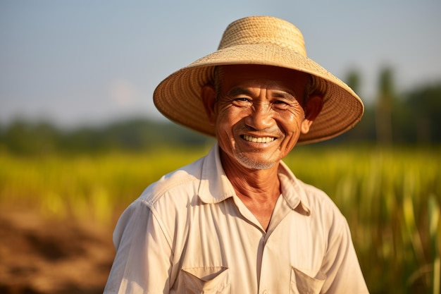 Agricultor num campo de arroz