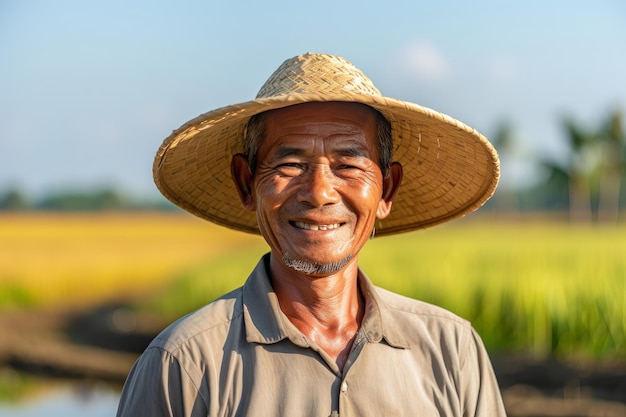 Agricultor num campo de arroz