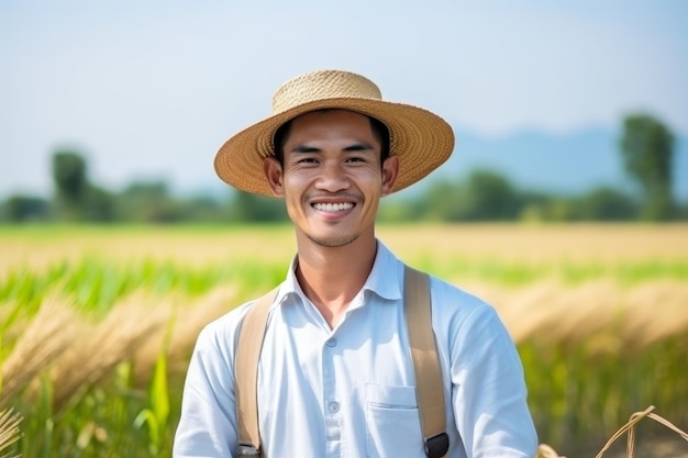 Agricultor num campo de arroz