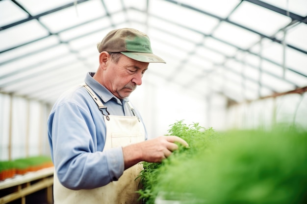 Agricultor numa estufa cortando ervas para venda no mercado