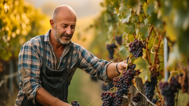 El agricultor o viticultor está en medio de las ramas de la vid y mantiene las uvas recogidas durante la temporada de cosecha de vino para la producción de vino en Italia o Francia