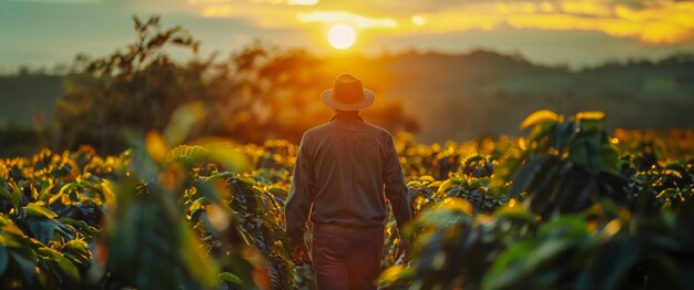 Agricultor observando uma plantação de café ao pôr-do-sol com um céu vibrante